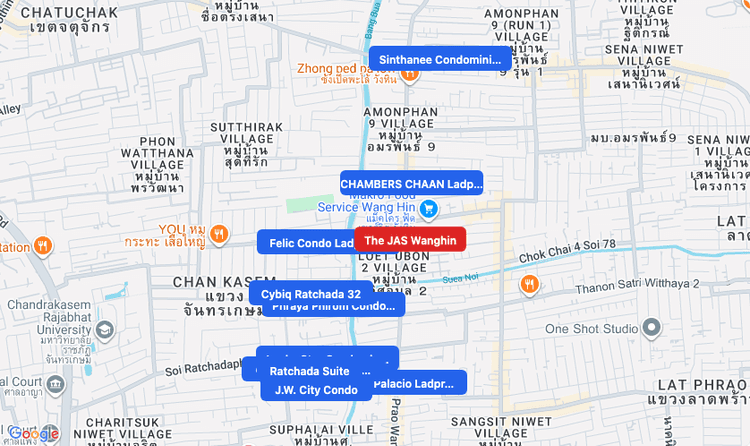 Screenshot of The JAS Wanghin (shopping) area showing nearby condos and landmarks in Bangkok