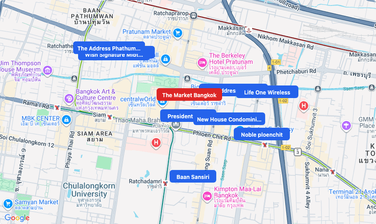 Screenshot of The Market Bangkok (shopping) area showing nearby condos and landmarks in Bangkok