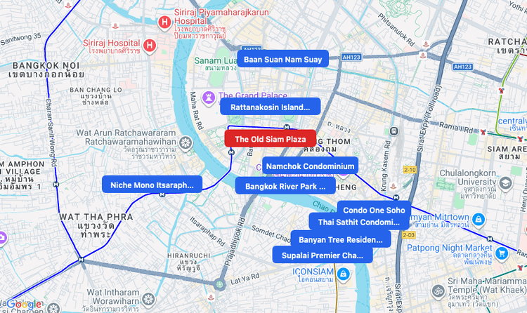 Screenshot of The Old Siam Plaza (shopping) area showing nearby condos and landmarks in Bangkok