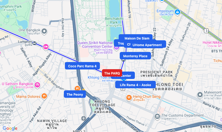 Screenshot of The PARQ (shopping) area showing nearby condos and landmarks in Bangkok