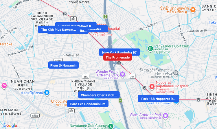 Screenshot of The Promenade (shopping) area showing nearby condos and landmarks in Bangkok