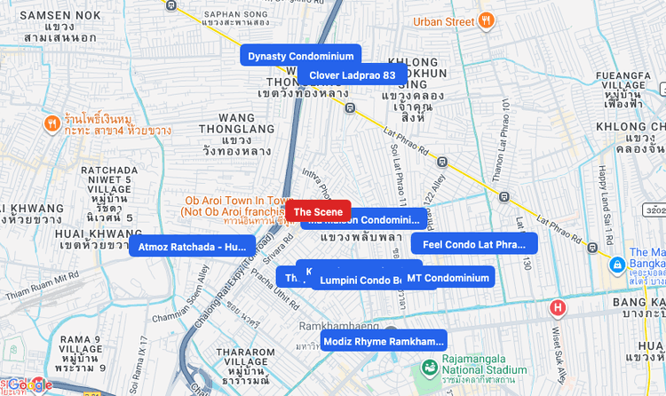 Screenshot of The Scene (shopping) area showing nearby condos and landmarks in Bangkok
