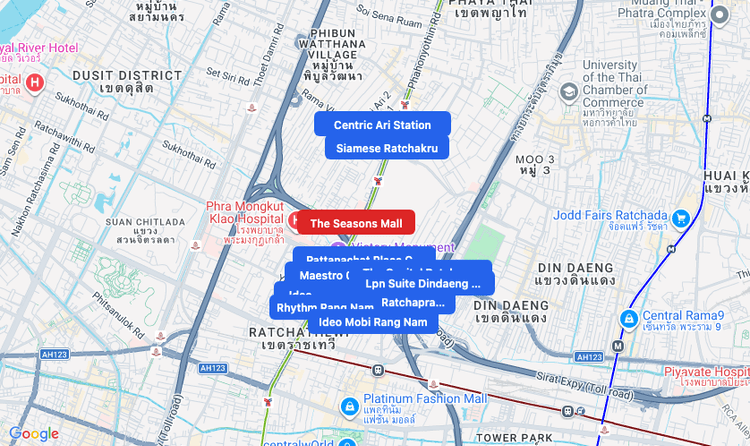 Screenshot of The Seasons Mall (shopping) area showing nearby condos and landmarks in Bangkok
