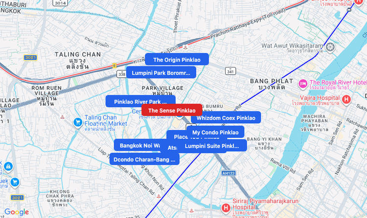 Screenshot of The Sense Pinklao (shopping) area showing nearby condos and landmarks in Bangkok