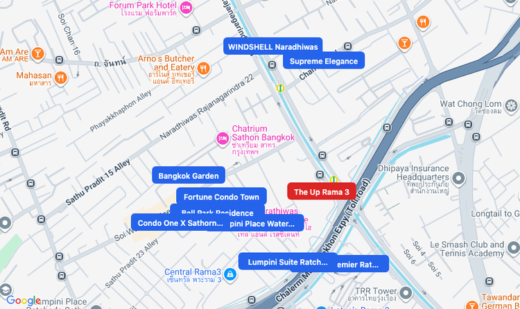 Screenshot of The Up Rama 3 (shopping) area showing nearby condos and landmarks in Bangkok
