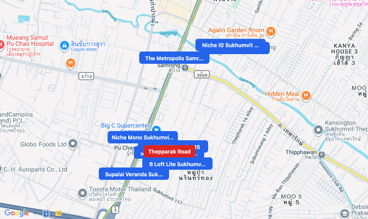 Screenshot of Thepparak Road (area) area showing nearby condos and landmarks in Bangkok
