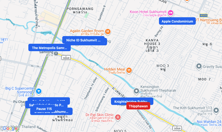 Screenshot of Thipphawan (MRT Yellow) area showing nearby condos and landmarks in Bangkok