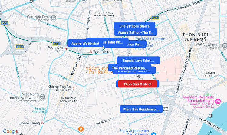 Screenshot of Thon Buri District (area) area showing nearby condos and landmarks in Bangkok