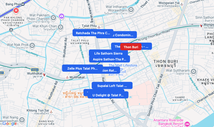 Screenshot of Thon Buri (area) area showing nearby condos and landmarks in Bangkok