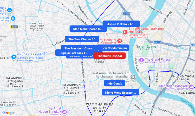 Screenshot of Thonburi Hospital (hospital) area showing nearby condos and landmarks in Bangkok