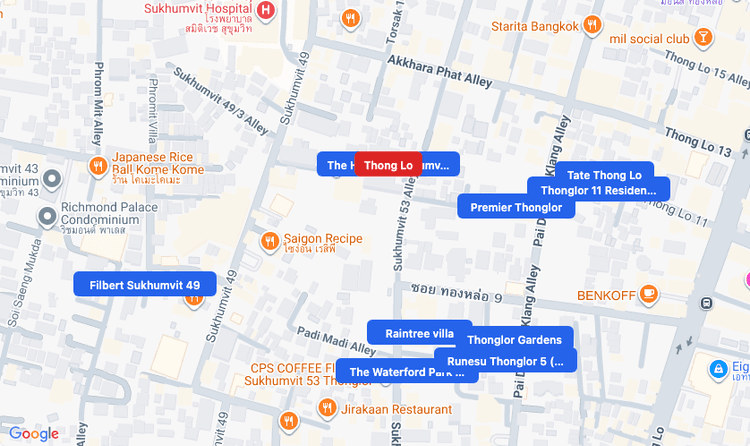 Screenshot of Thong Lo (area) area showing nearby condos and landmarks in Bangkok