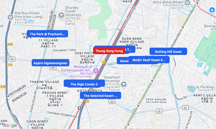 Screenshot of Thung Song Hong (SRT Red) area showing nearby condos and landmarks in Bangkok