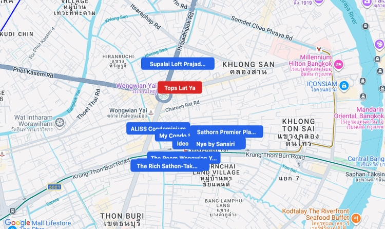 Screenshot of Tops Lat Ya (supermarket) area showing nearby condos and landmarks in Bangkok