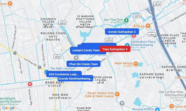 Screenshot of Tops Sukhapiban 3 (supermarket) area showing nearby condos and landmarks in Bangkok