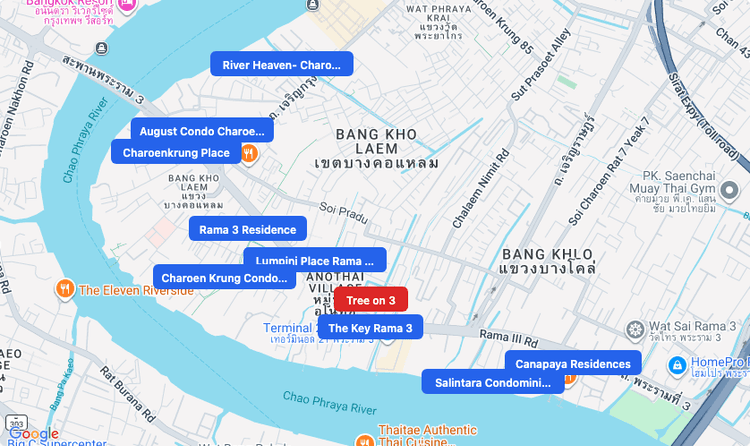 Screenshot of Tree on 3 (shopping) area showing nearby condos and landmarks in Bangkok