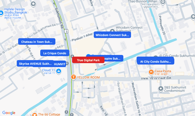 Screenshot of True Digital Park (shopping) area showing nearby condos and landmarks in Bangkok