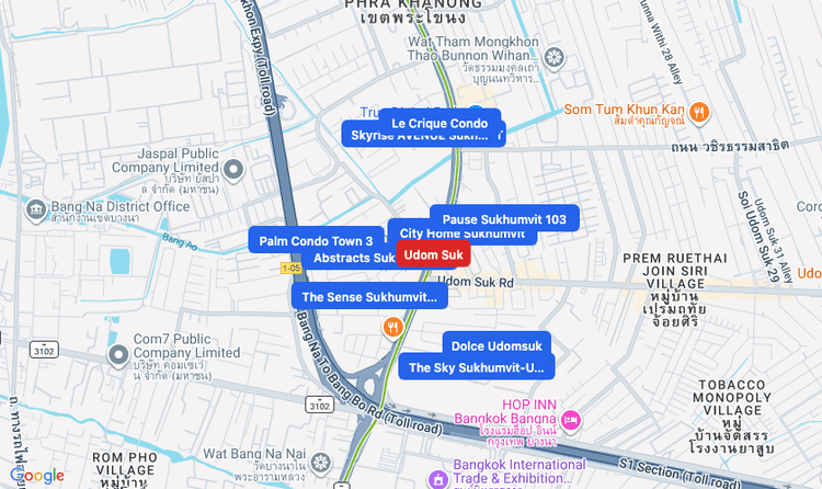 Screenshot of Udom Suk (BTS Sukhumvit (Green)) area showing nearby condos and landmarks in Bangkok