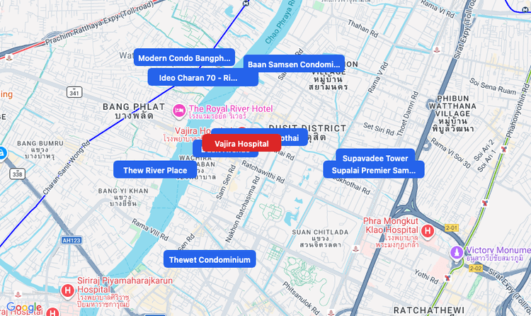 Screenshot of Vajira Hospital (hospital) area showing nearby condos and landmarks in Bangkok