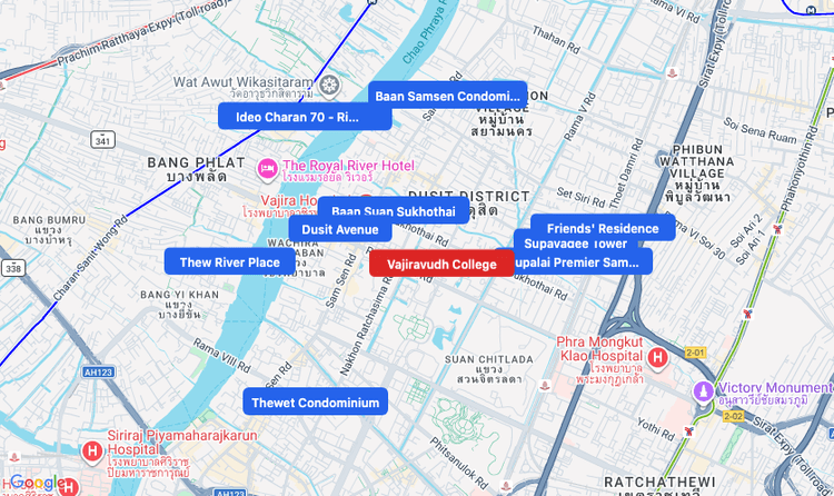 Screenshot of Vajiravudh College (school) area showing nearby condos and landmarks in Bangkok