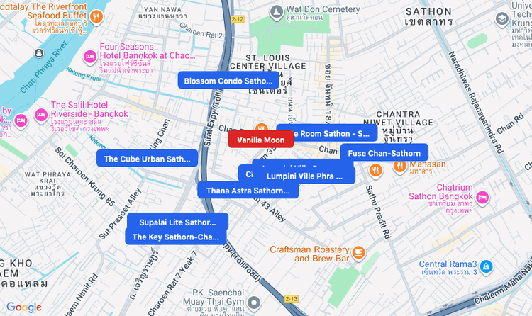 Screenshot of Vanilla Moon (shopping) area showing nearby condos and landmarks in Bangkok