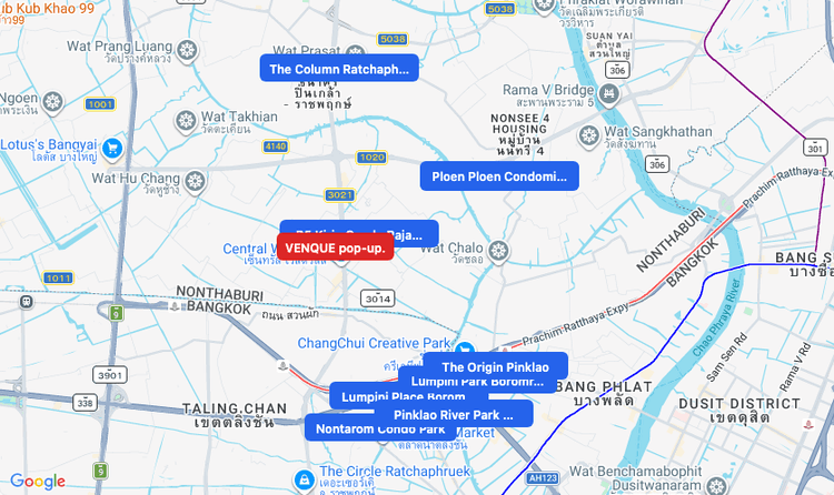 Screenshot of VENQUE pop-up. (shopping) area showing nearby condos and landmarks in Bangkok