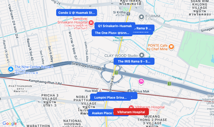 Screenshot of Vibharam Hospital (hospital) area showing nearby condos and landmarks in Bangkok