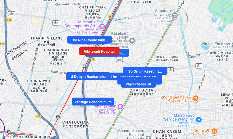 Screenshot of Vibhavadi Hospital (hospital) area showing nearby condos and landmarks in Bangkok