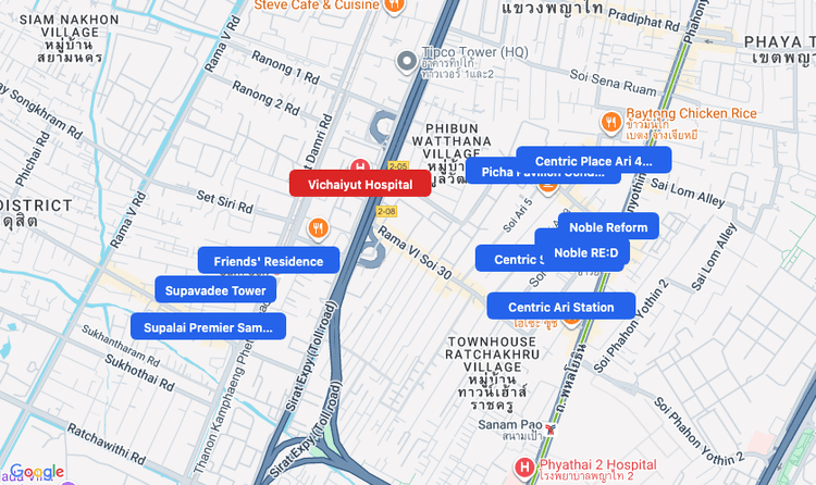 Screenshot of Vichaiyut Hospital (hospital) area showing nearby condos and landmarks in Bangkok