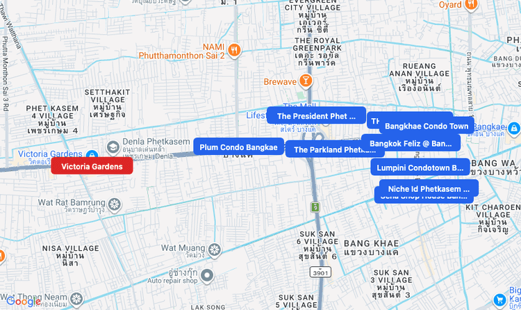Screenshot of Victoria Gardens (shopping) area showing nearby condos and landmarks in Bangkok