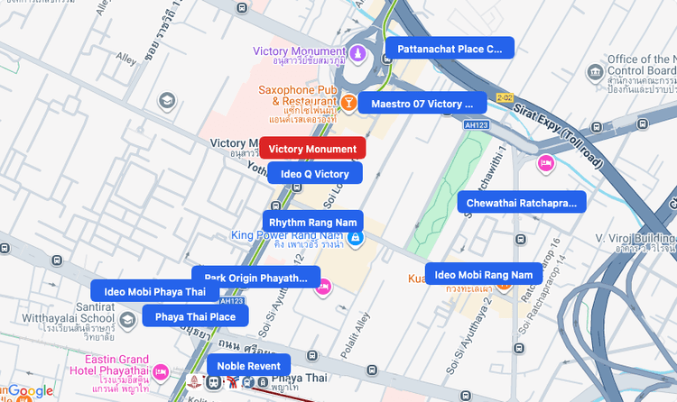 Screenshot of Victory Monument (BTS Sukhumvit (Green)) area showing nearby condos and landmarks in Bangkok
