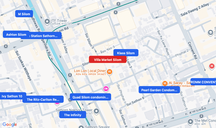 Screenshot of Villa Market Silom (supermarket) area showing nearby condos and landmarks in Bangkok