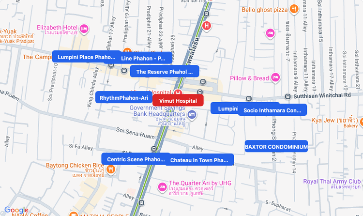 Screenshot of Vimut Hospital (hospital) area showing nearby condos and landmarks in Bangkok