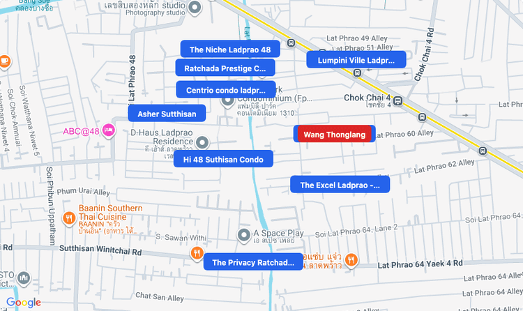 Screenshot of Wang Thonglang (area) area showing nearby condos and landmarks in Bangkok