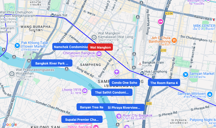 Screenshot of Wat Mangkon (MRT Blue) area showing nearby condos and landmarks in Bangkok
