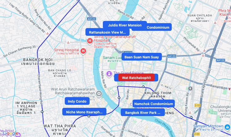 Screenshot of Wat Ratchabophit (area) area showing nearby condos and landmarks in Bangkok