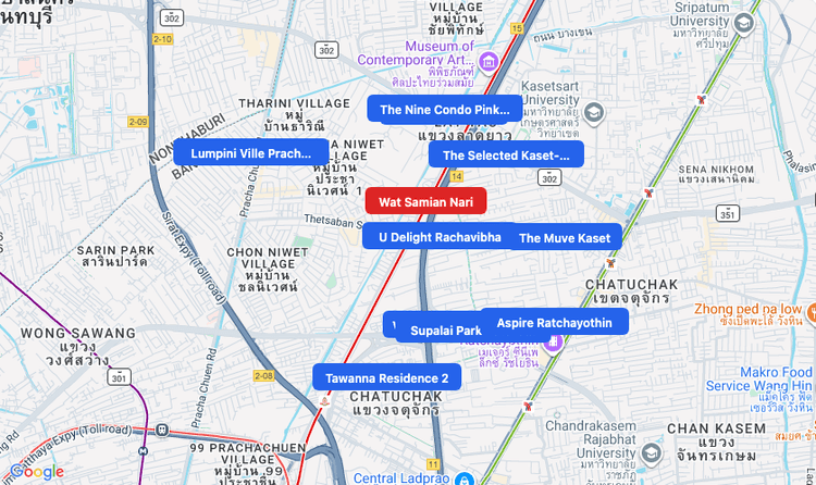 Screenshot of Wat Samian Nari (SRT Red) area showing nearby condos and landmarks in Bangkok