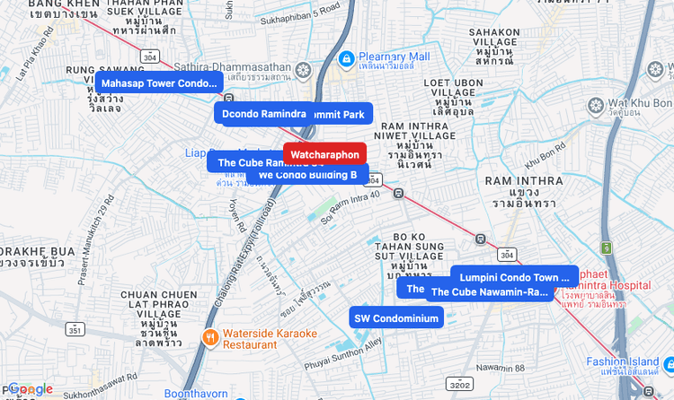Screenshot of Watcharaphon (MRT Pink) area showing nearby condos and landmarks in Bangkok