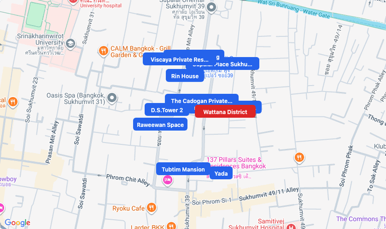 Screenshot of Wattana District (area) area showing nearby condos and landmarks in Bangkok