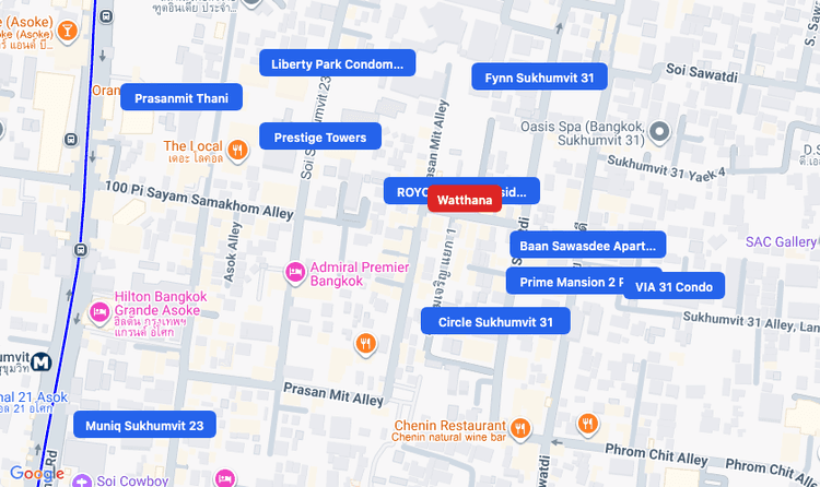 Screenshot of Watthana (area) area showing nearby condos and landmarks in Bangkok