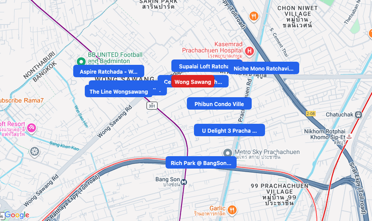 Screenshot of Wong Sawang (area) area showing nearby condos and landmarks in Bangkok