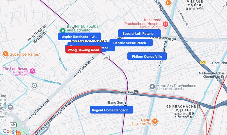 Screenshot of Wong Sawang Road (area) area showing nearby condos and landmarks in Bangkok