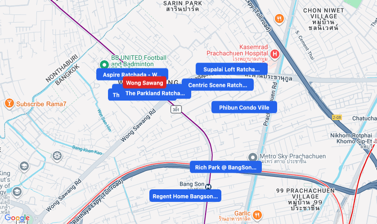 Screenshot of Wong Sawang (MRT Purple) area showing nearby condos and landmarks in Bangkok