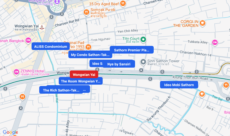 Screenshot of Wongwian Yai (BTS Silom (Green)) area showing nearby condos and landmarks in Bangkok