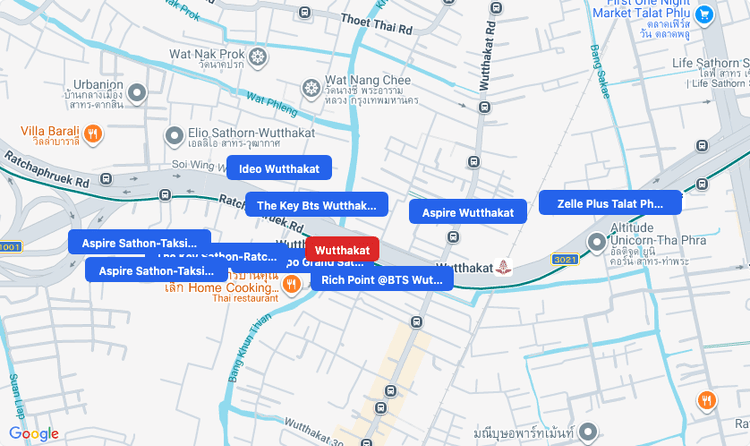 Screenshot of Wutthakat (area) area showing nearby condos and landmarks in Bangkok