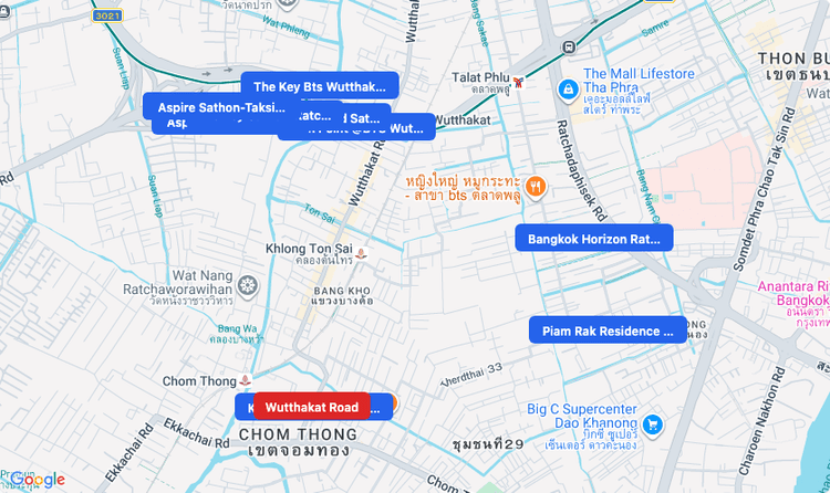 Screenshot of Wutthakat Road (area) area showing nearby condos and landmarks in Bangkok