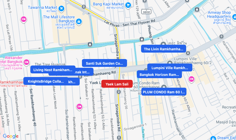 Screenshot of Yaek Lam Sali (MRT Yellow) area showing nearby condos and landmarks in Bangkok