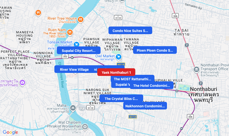 Screenshot of Yaek Nonthaburi 1 (MRT Purple) area showing nearby condos and landmarks in Bangkok