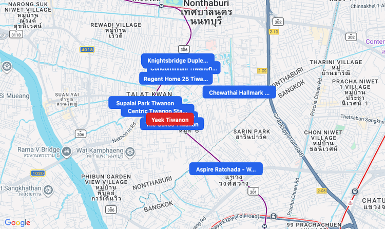 Screenshot of Yaek Tiwanon (MRT Purple) area showing nearby condos and landmarks in Bangkok