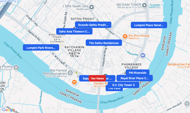 Screenshot of Yan Nawa (area) area showing nearby condos and landmarks in Bangkok