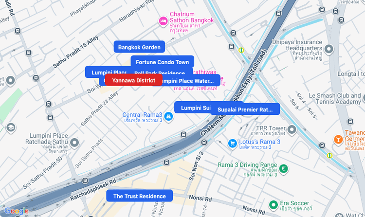 Screenshot of Yannawa District (area) area showing nearby condos and landmarks in Bangkok